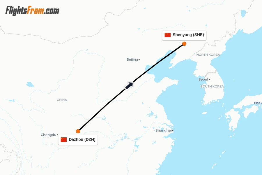 Flights from Dazhou to Shenyang route map