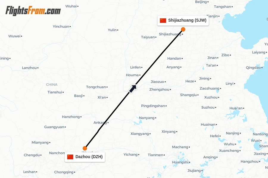 Flights from Dazhou to Shijiazhuang route map