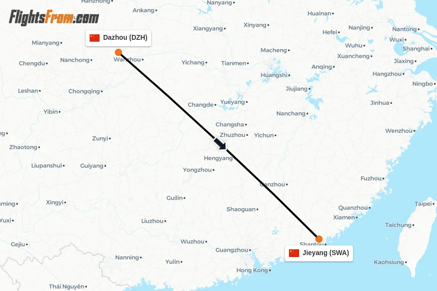 Flights from Dazhou to Jieyang route map