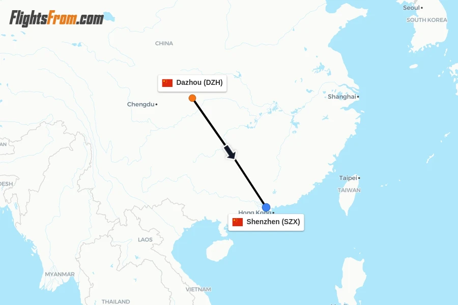 Flights from Dazhou to Shenzhen route map