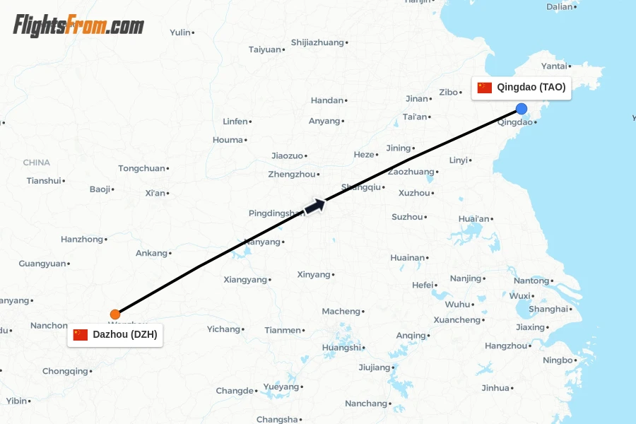 Flights from Dazhou to Qingdao route map