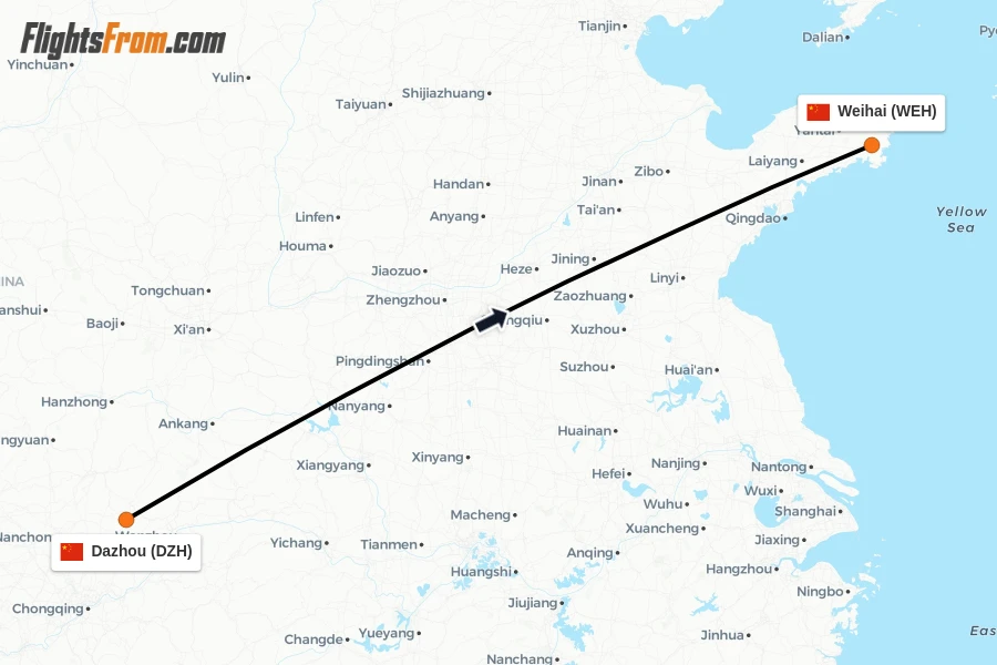 Flights from Dazhou to Weihai route map