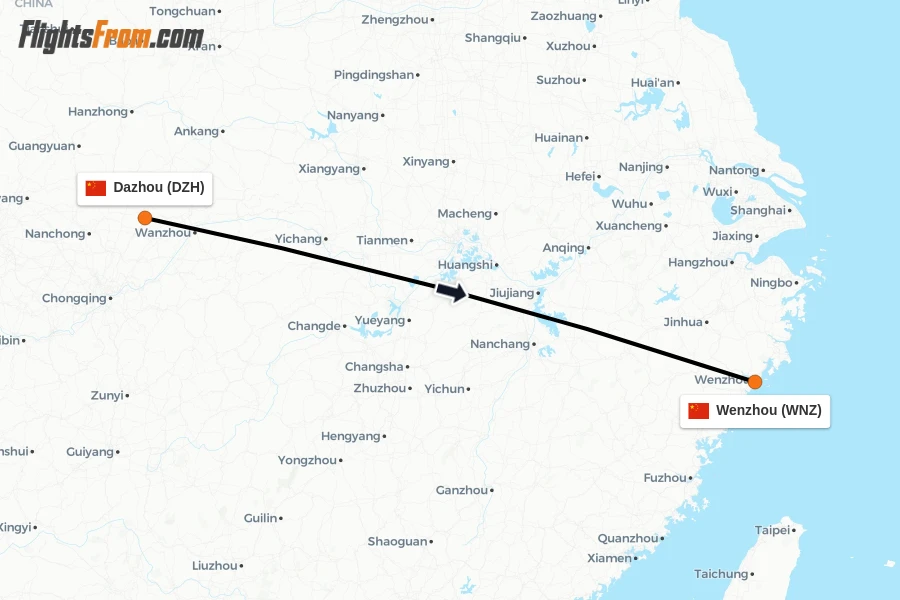 Flights from Dazhou to Wenzhou route map