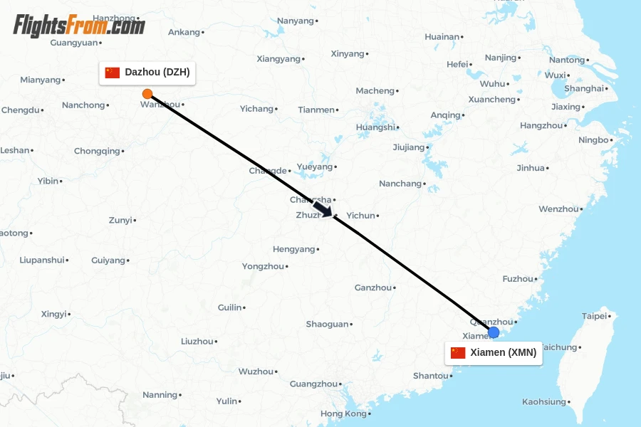 Flights from Dazhou to Xiamen route map