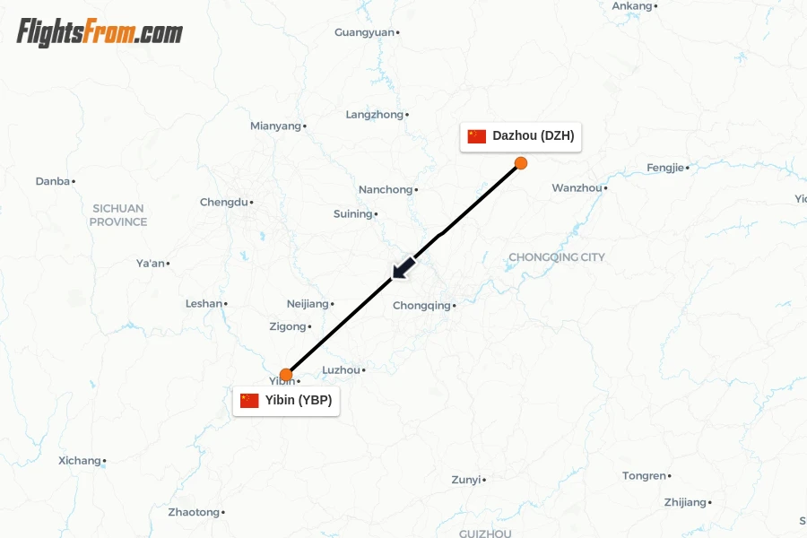 Flights from Dazhou to Yibin route map