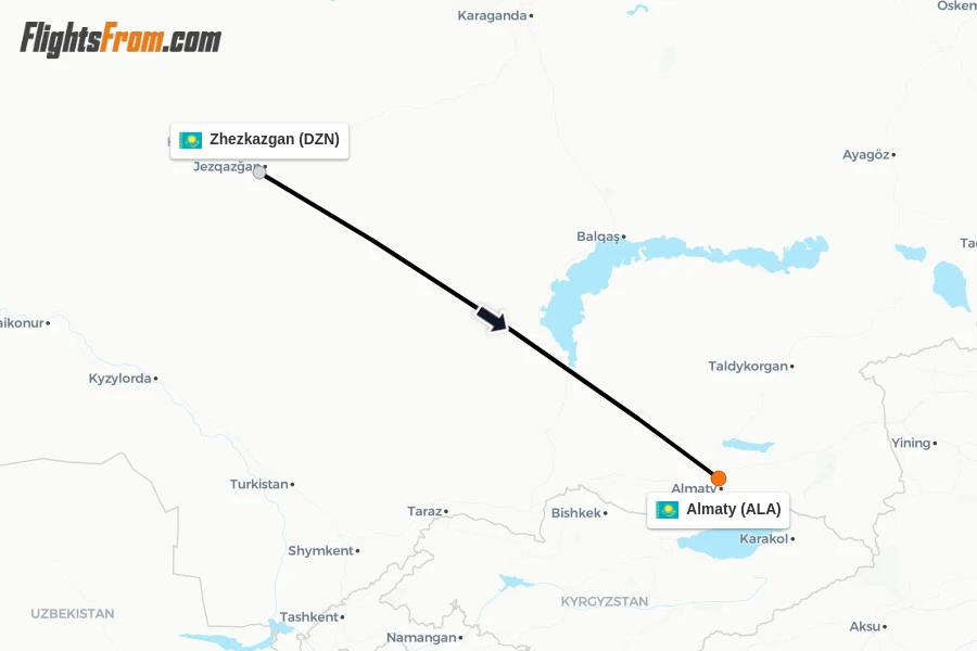 Flights from Zhezkazgan to Almaty route map