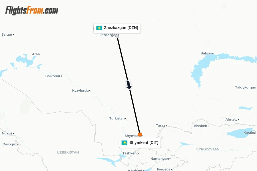 Flights from Zhezkazgan to Shymkent route map