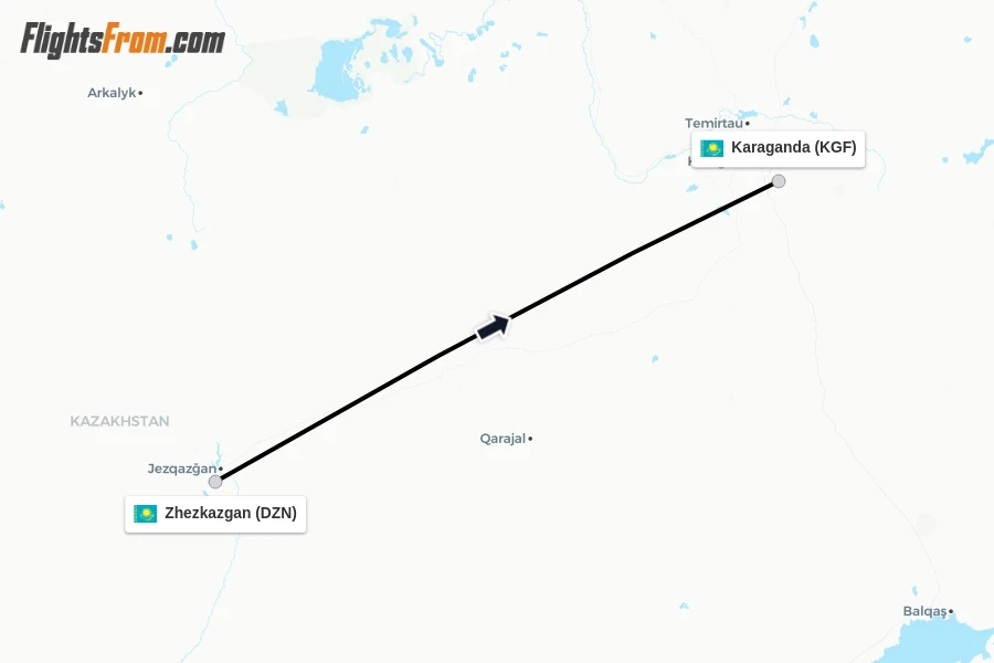 Flights from Zhezkazgan to Karaganda route map
