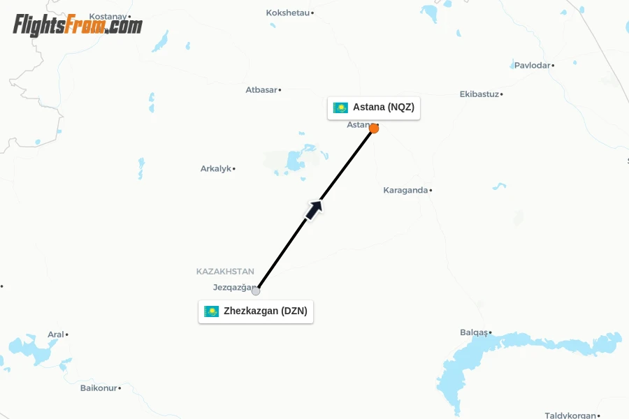 Flights from Zhezkazgan to Astana route map