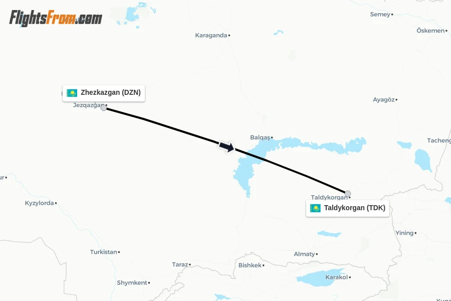 Flights from Zhezkazgan to Taldykorgan route map