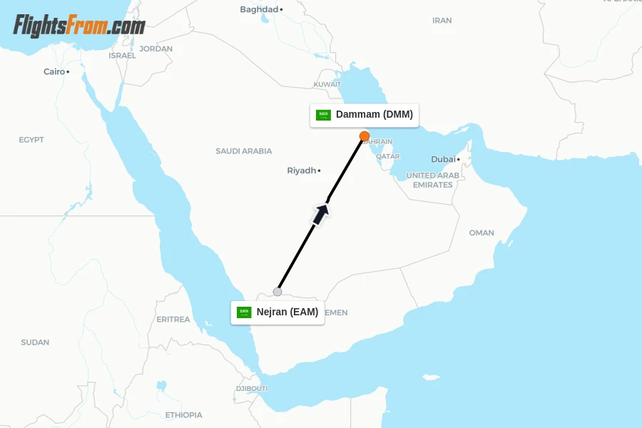 Flights from Nejran to Dammam route map