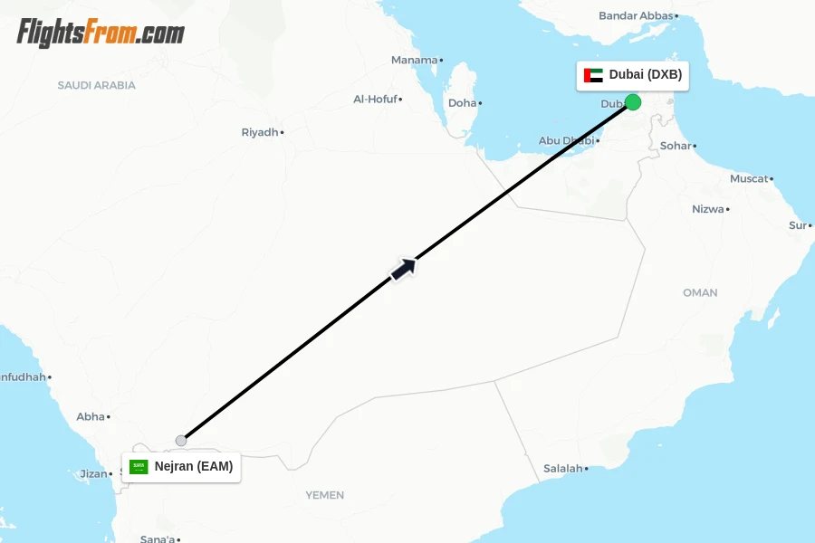 Flights from Nejran to Dubai route map