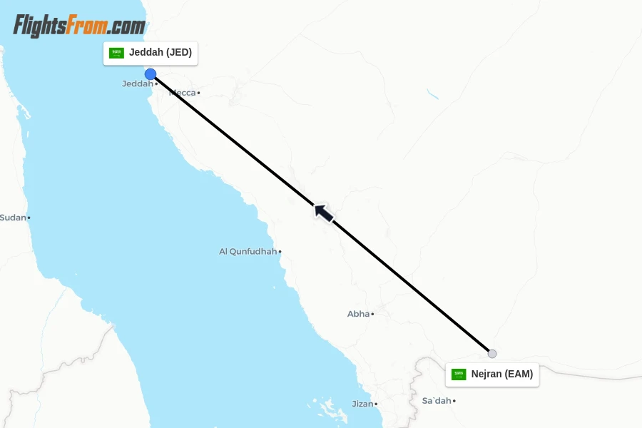 Flights from Nejran to Jeddah route map