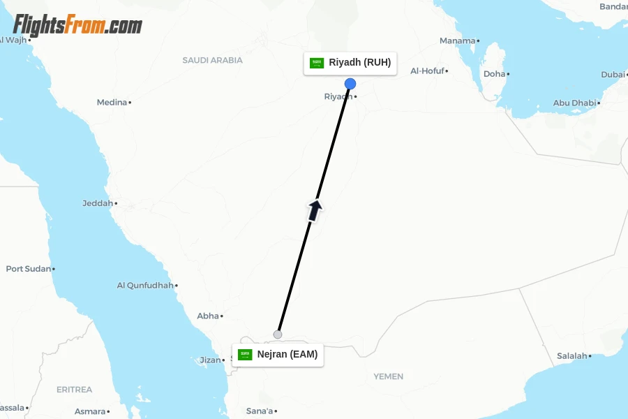 Flights from Nejran to Riyadh route map