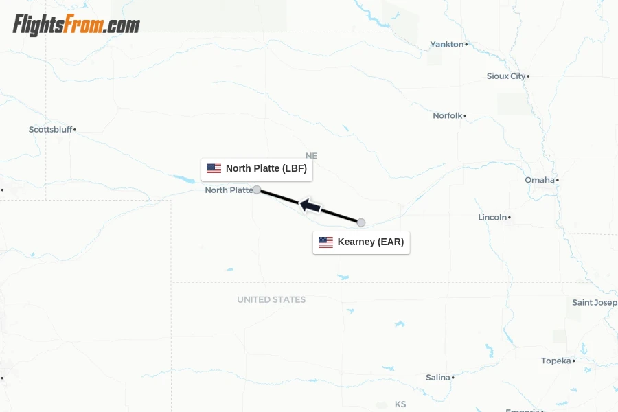 Flights from Kearney to North Platte route map