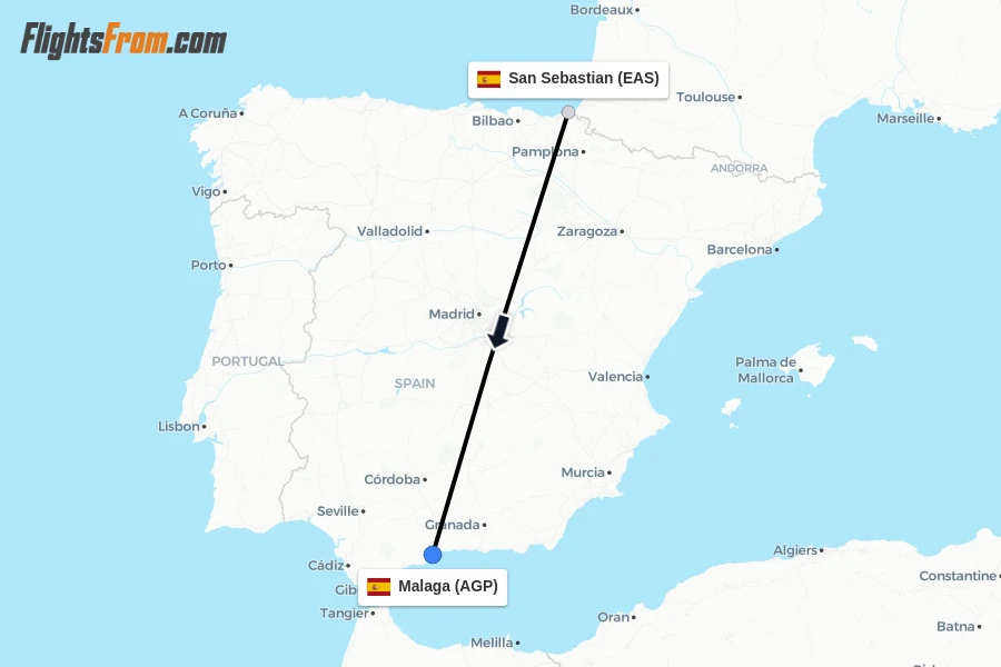 Flights from San Sebastian to Malaga route map
