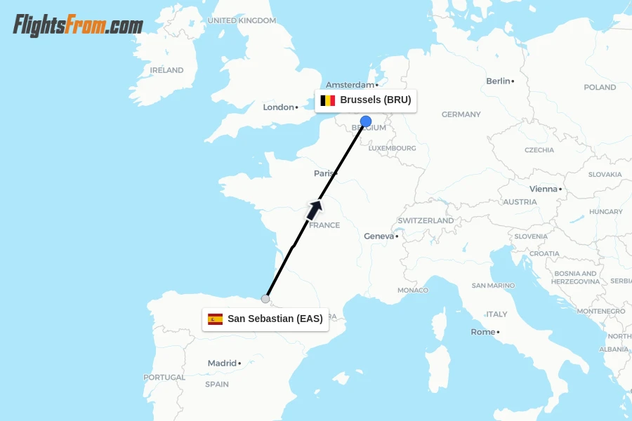 Flights from San Sebastian to Brussels route map