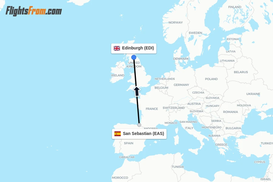 Flights from San Sebastian to Edinburgh route map