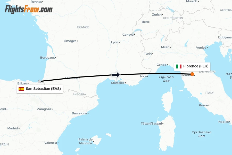 Flights from San Sebastian to Florence route map