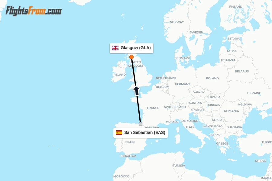 Flights from San Sebastian to Glasgow route map