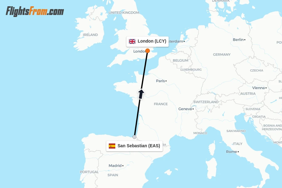 Flights from San Sebastian to London route map