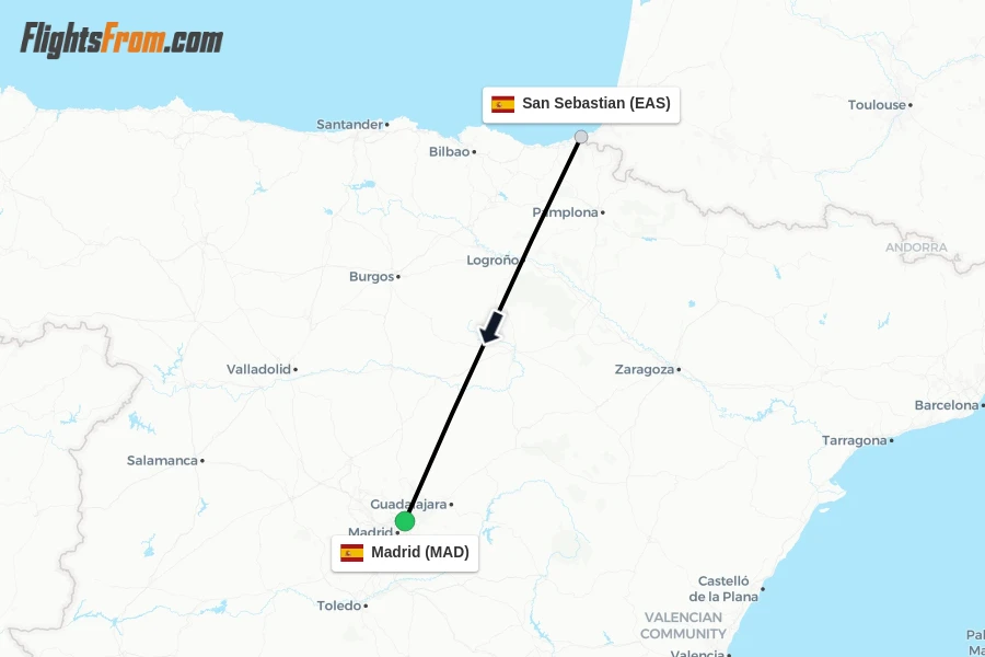 Flights from San Sebastian to Madrid route map