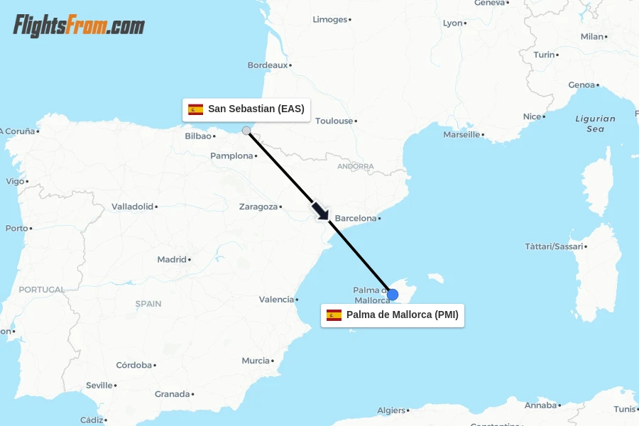 Flights from San Sebastian to Palma de Mallorca route map