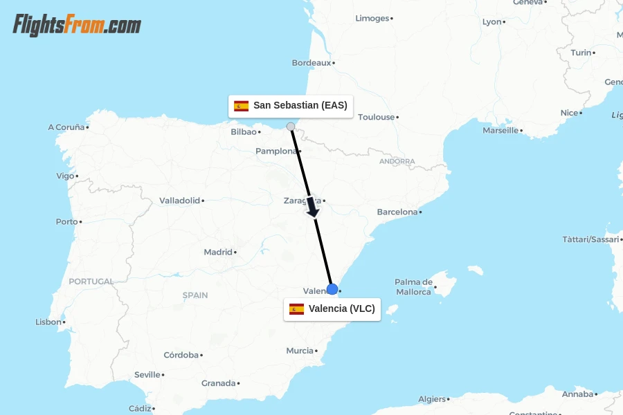 Flights from San Sebastian to Valencia route map
