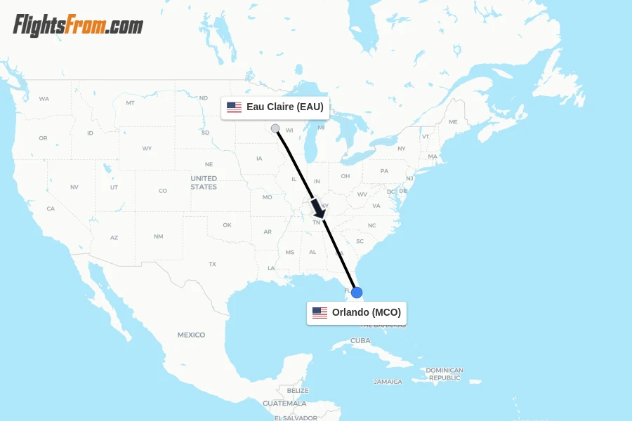 Flights from Eau Claire to Orlando route map