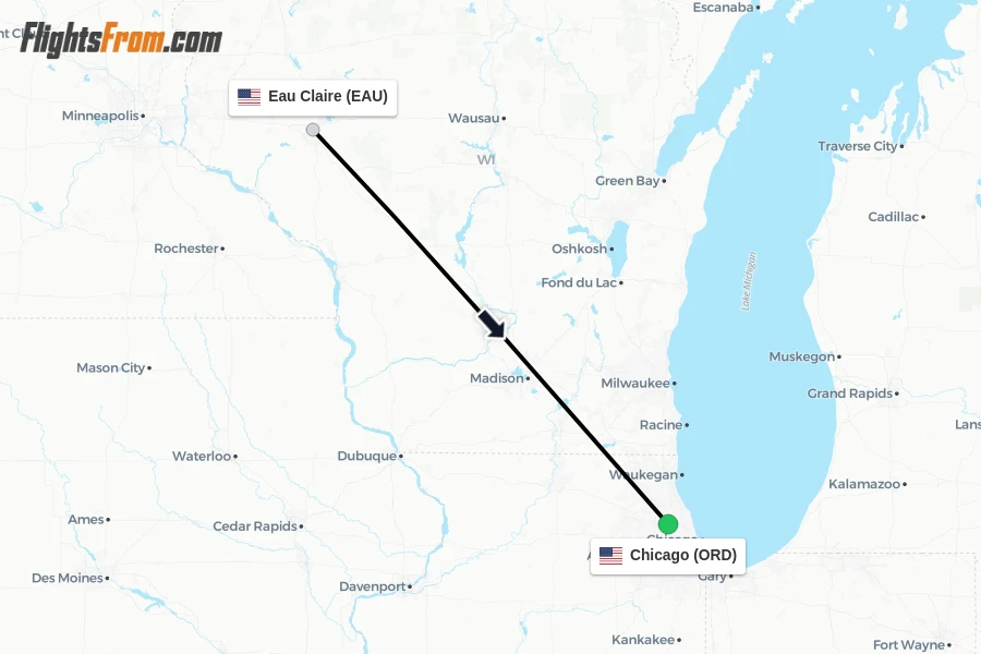Flights from Eau Claire to Chicago route map