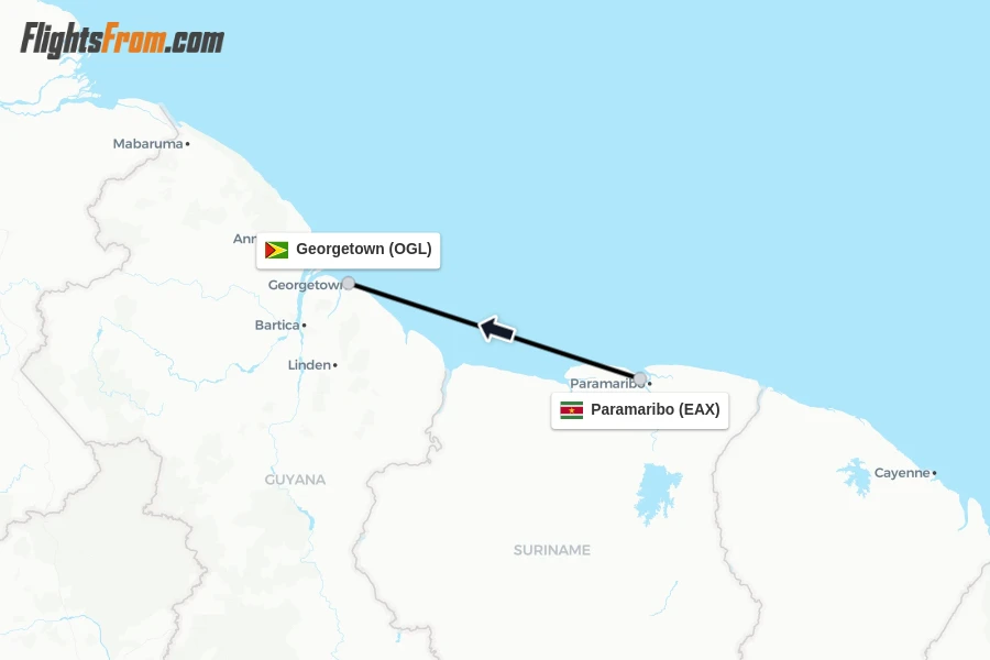 Flights from Paramaribo to Georgetown route map