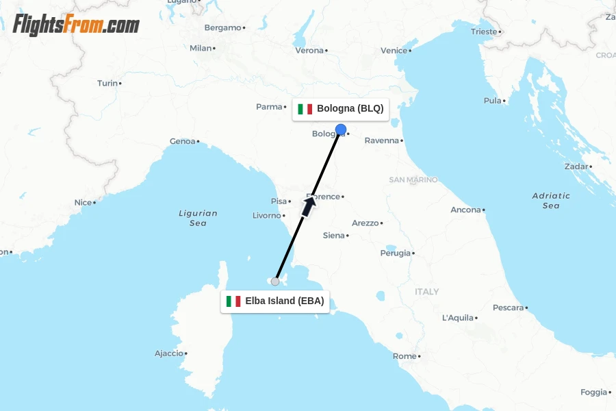 Flights from Elba Island to Bologna route map