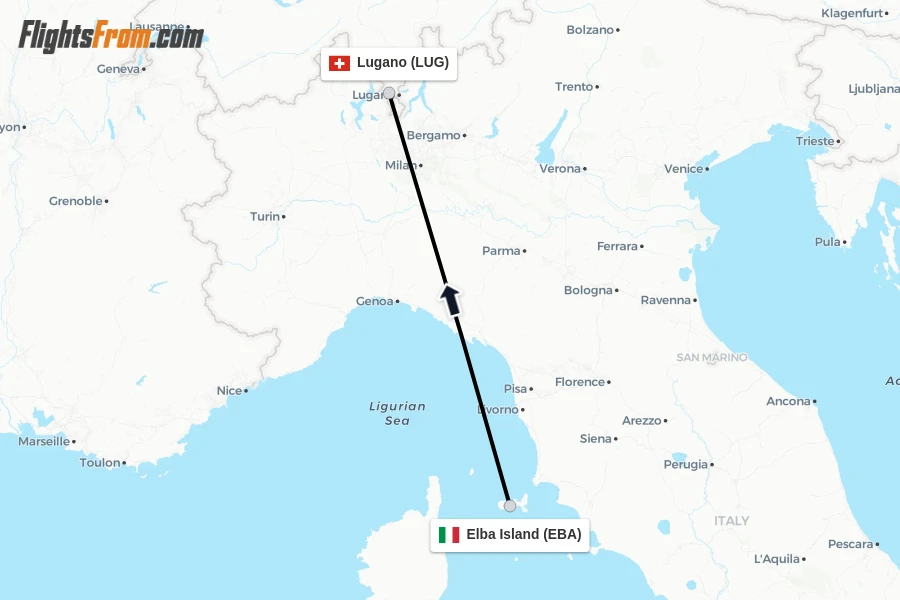 Flights from Elba Island to Lugano route map
