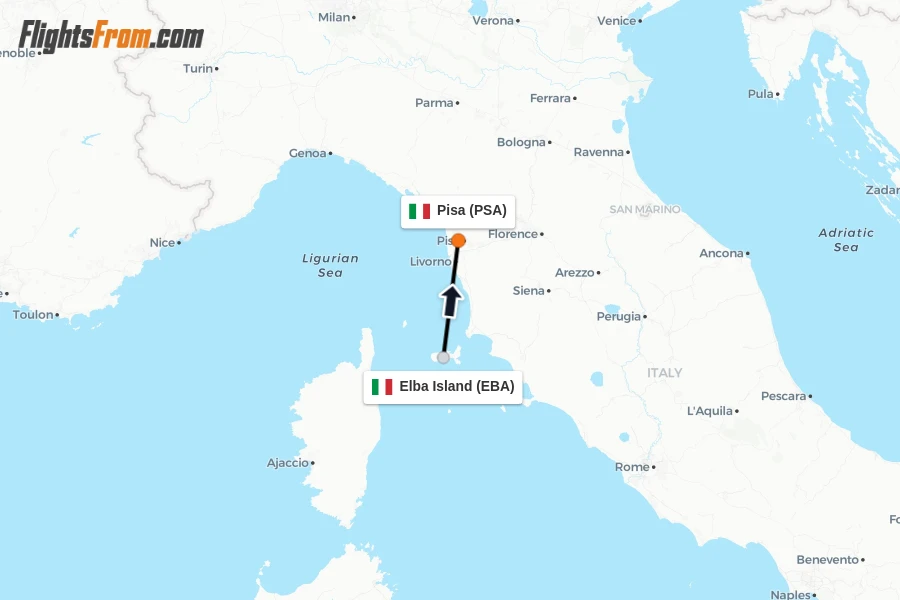 Flights from Elba Island to Pisa route map