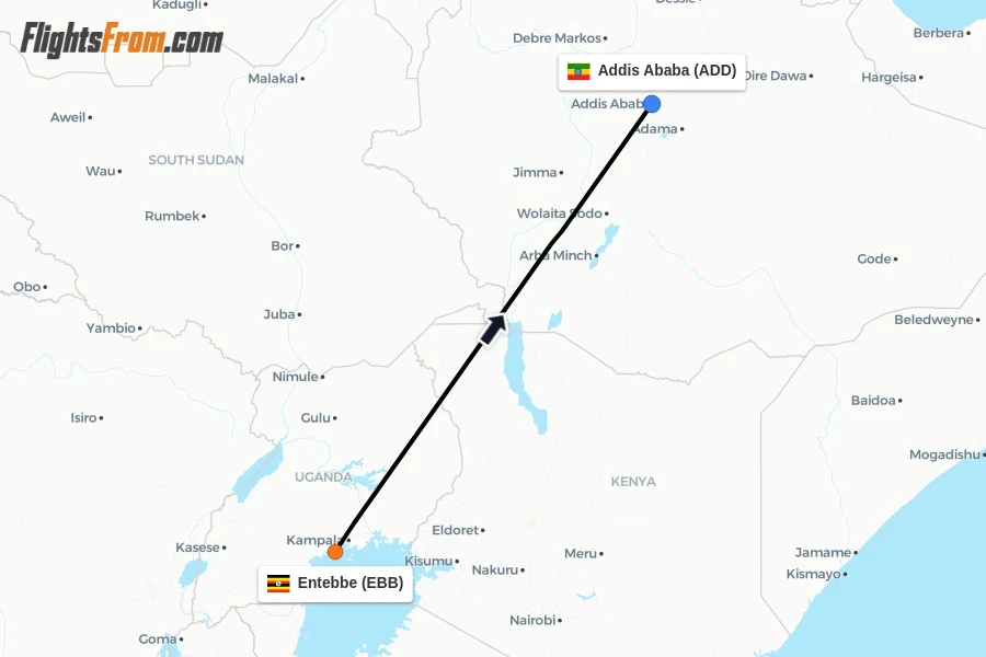 Flights from Entebbe to Addis Ababa route map