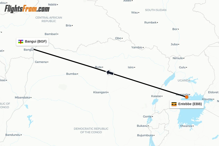 Flights from Entebbe to Bangui route map