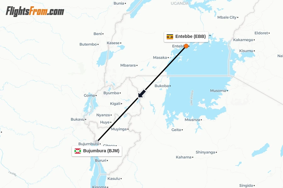 Flights from Entebbe to Bujumbura route map