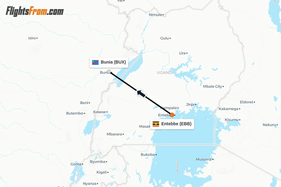 Flights from Entebbe to Bunia route map