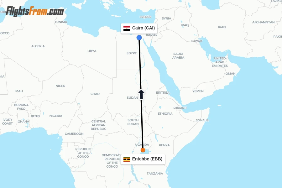 Flights from Entebbe to Cairo route map