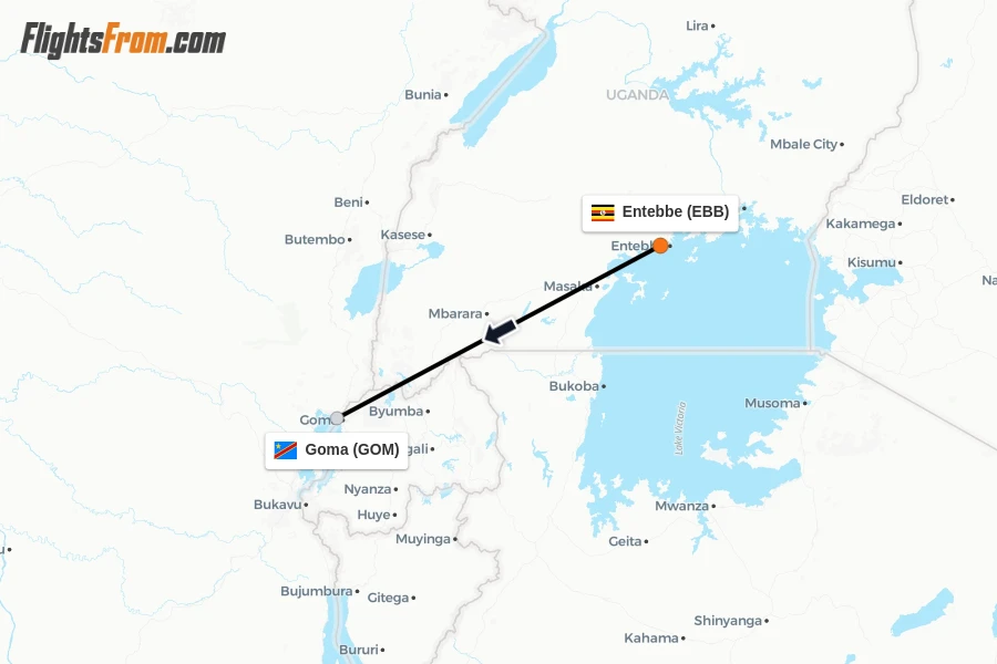 Flights from Entebbe to Goma route map