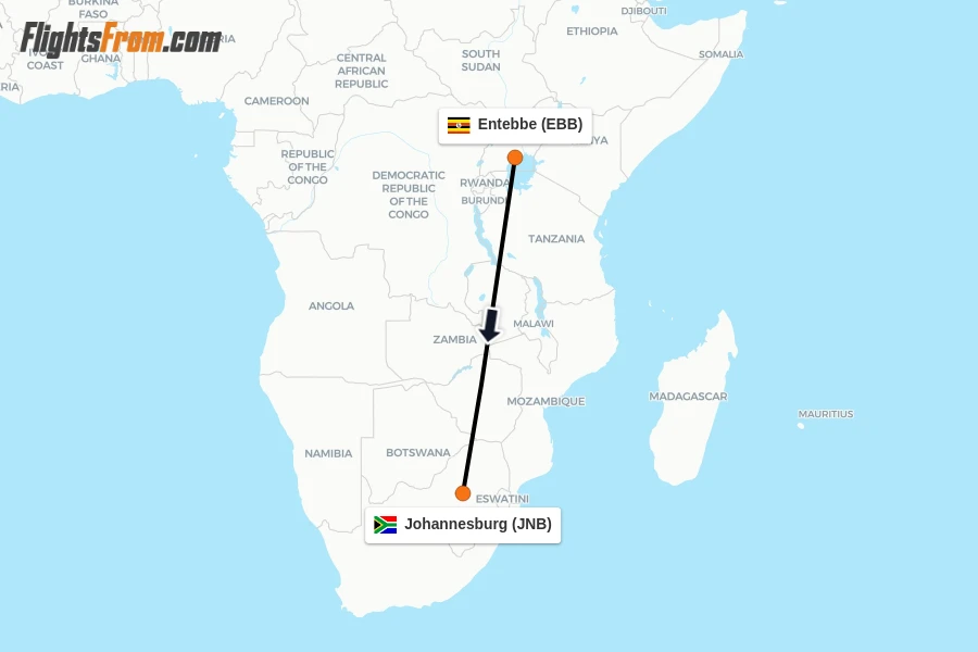 Flights from Entebbe to Johannesburg route map