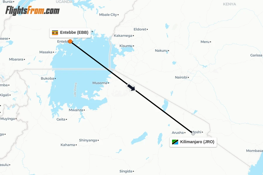 Flights from Entebbe to Kilimanjaro route map