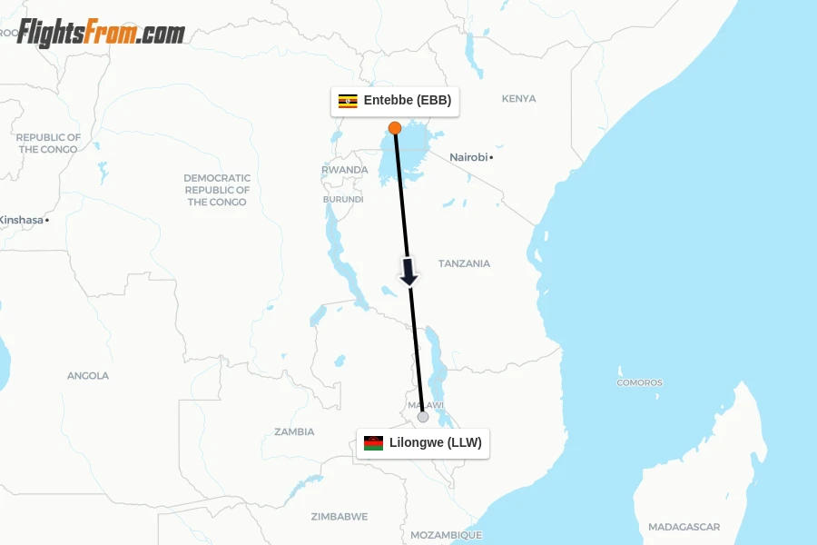 Flights from Entebbe to Lilongwe route map