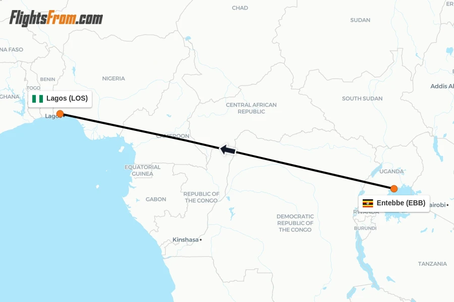 Flights from Entebbe to Lagos route map