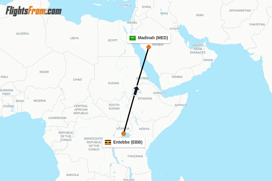 Flights from Entebbe to Madinah route map
