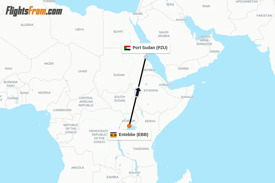 Flights from Entebbe to Port Sudan route map
