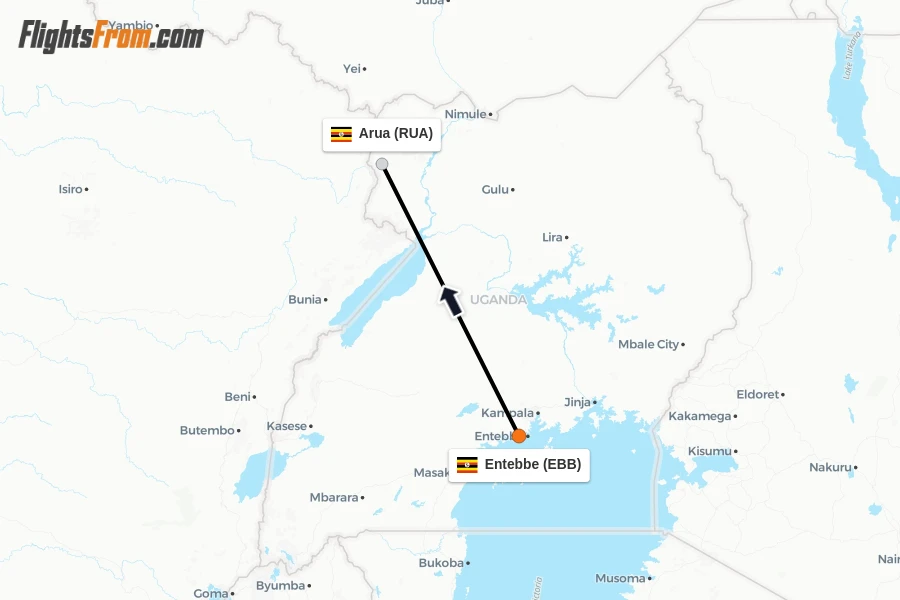 Flights from Entebbe to Arua route map