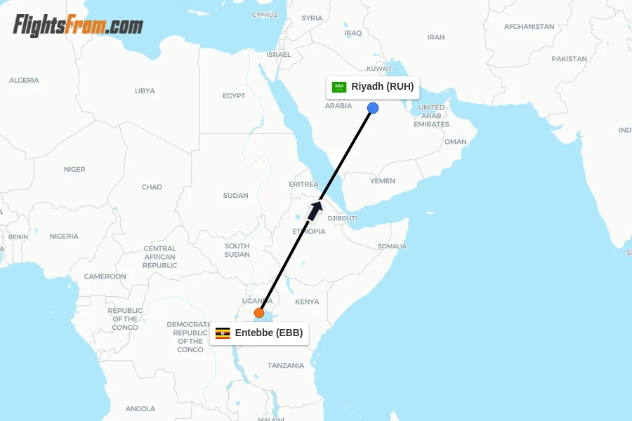 Flights from Entebbe to Riyadh route map