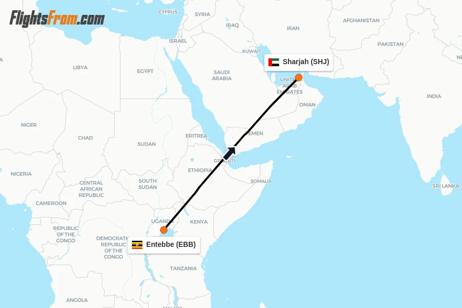 Flights from Entebbe to Sharjah route map
