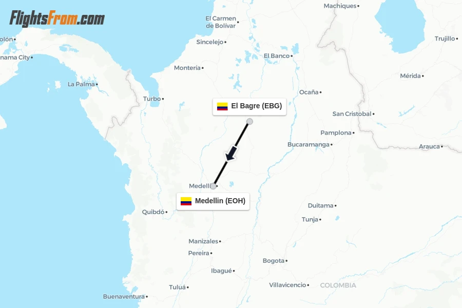 Flights from El Bagre to Medellin route map